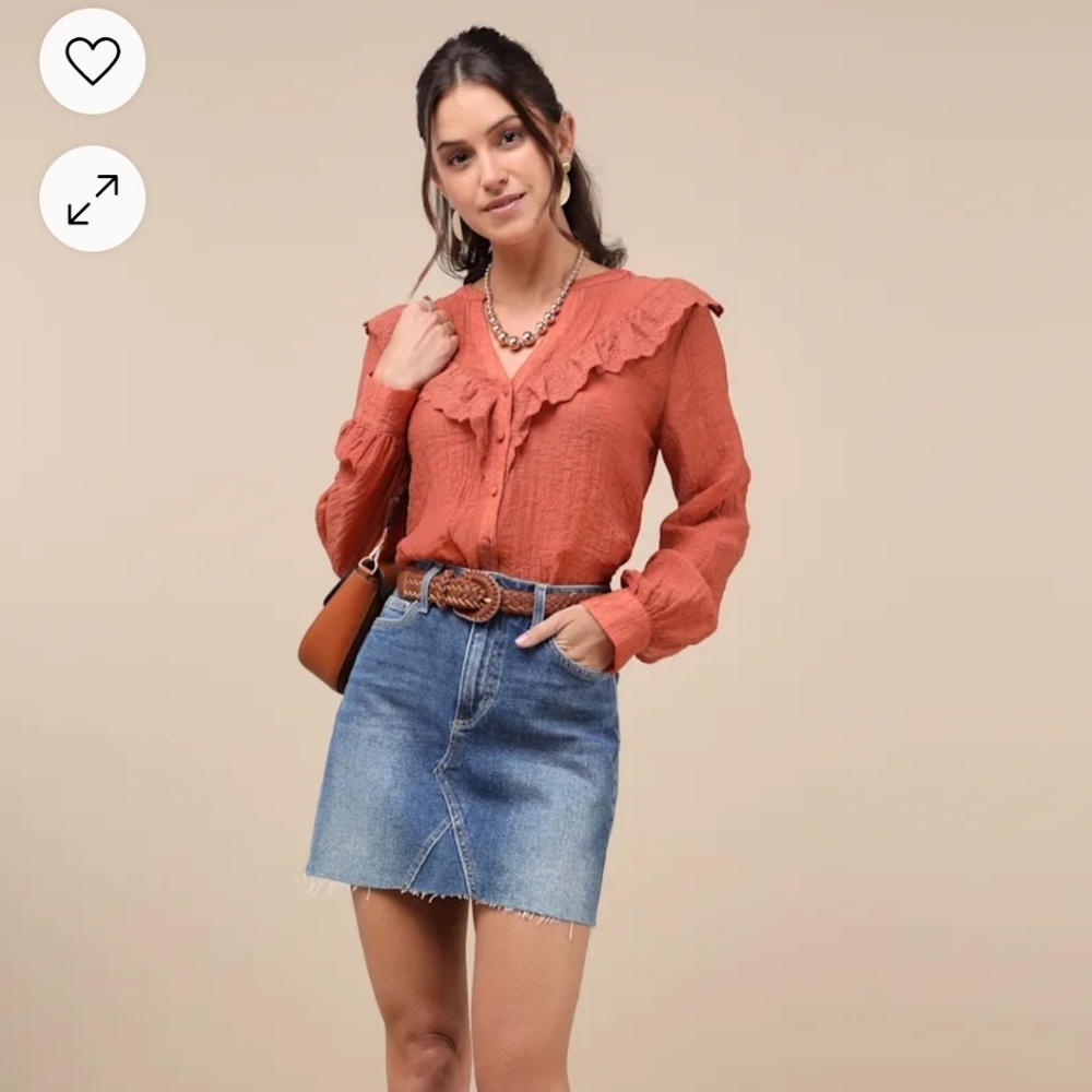 NWT Lulu's Instantly Sweet Terracotta Eyelet Long Sleeve Button-Up Boho Top XL